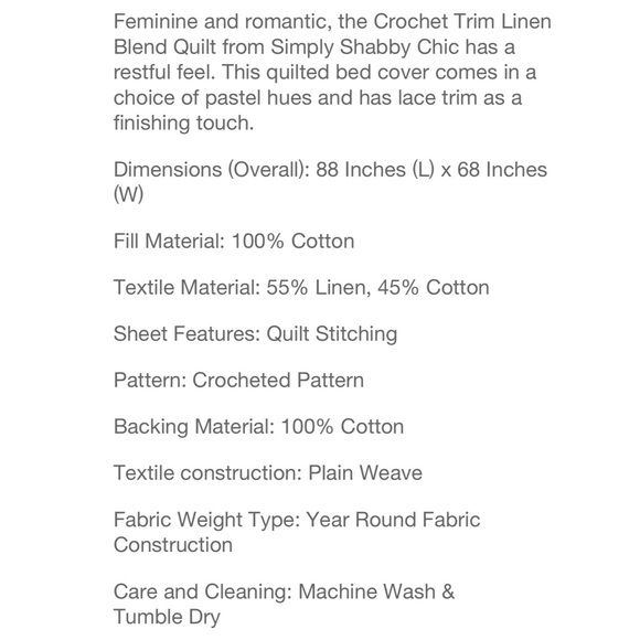 NWT Simply Shabby Chic Crochet Trim Linen Quilt - Picture 5 of 6